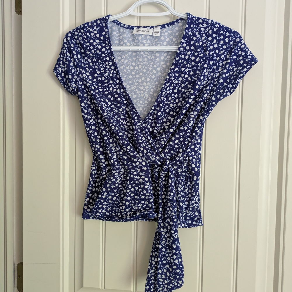 Rebel Sugar Navy Floral Wrap Blouse